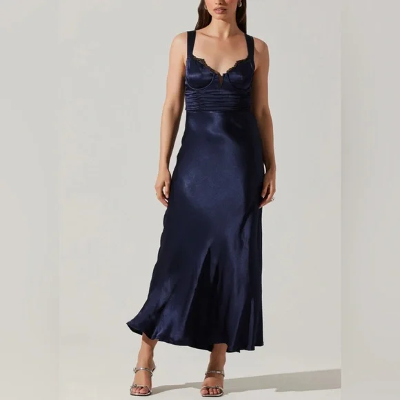 Astr The Label | Aeris Satin Lace Trim Maxi Dress | Size M | Navy